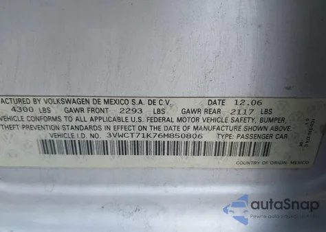 2006 Volkswagen Jetta Diesel z USA, uszkodzony, nr VIN 3VWCT71K76M850806